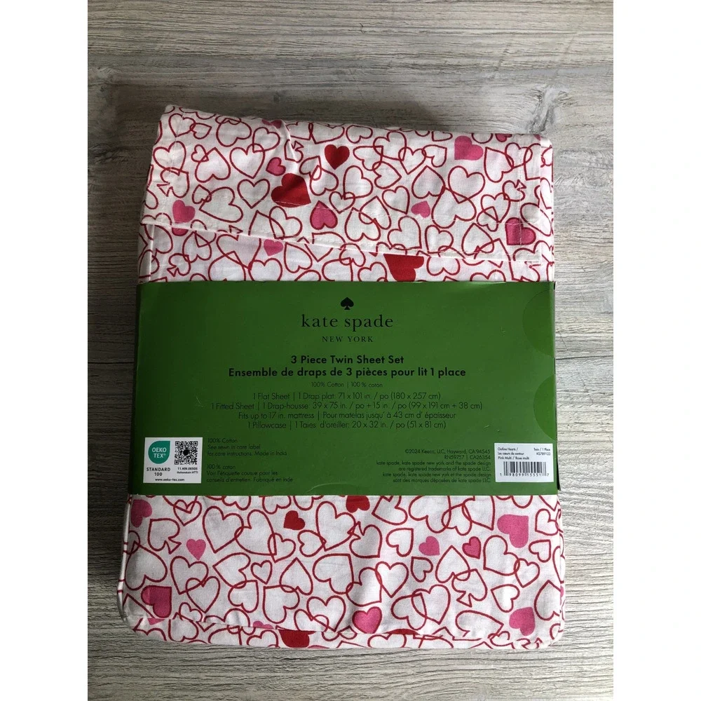 Kate Spade Twin Sheet Set Pink Red Outline Heart 3 Pc Cotton Love Valentine Day